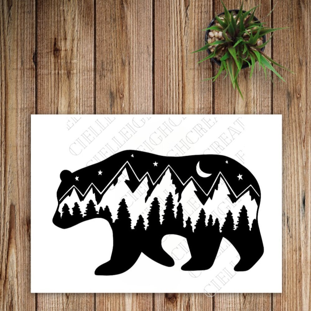 *2 for $20* Bear with mountains  trees moon stars vinyl decal sticker